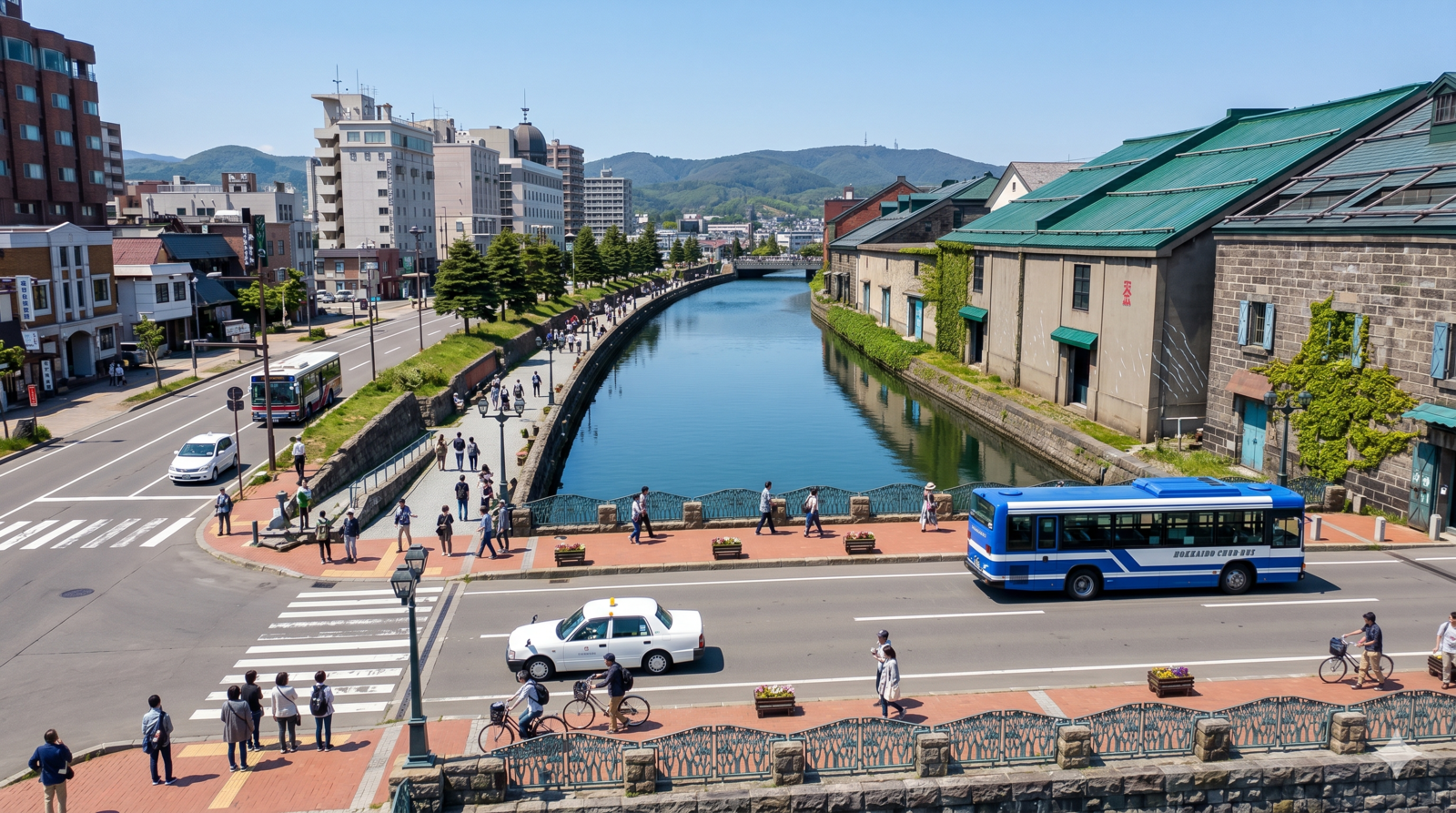 Comparing walking, bus, taxi, and bicycle routes in Otaru