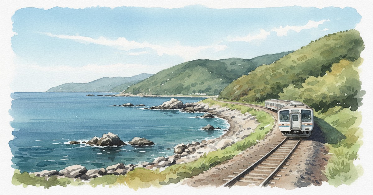 Train on the coastal section of the Hakodate Line with Ishikari Bay in the background