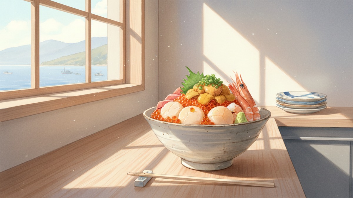 Seafood bowl lunch at a casual restaurant in Otaru