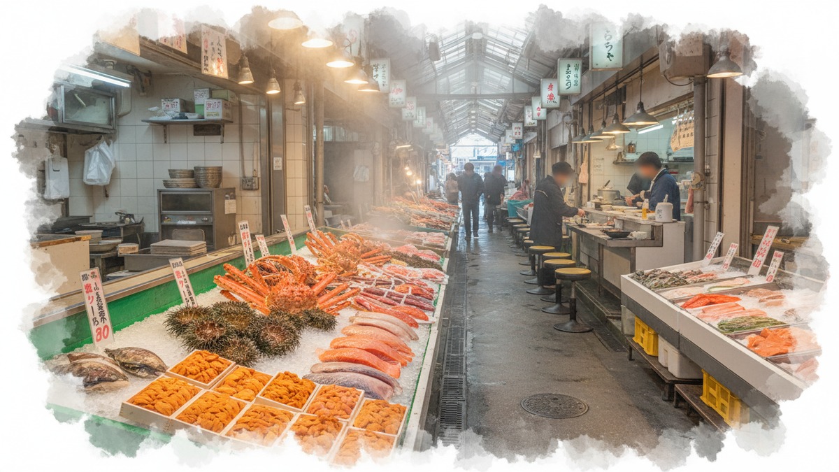 Seafood market restaurant area near Otaru Station