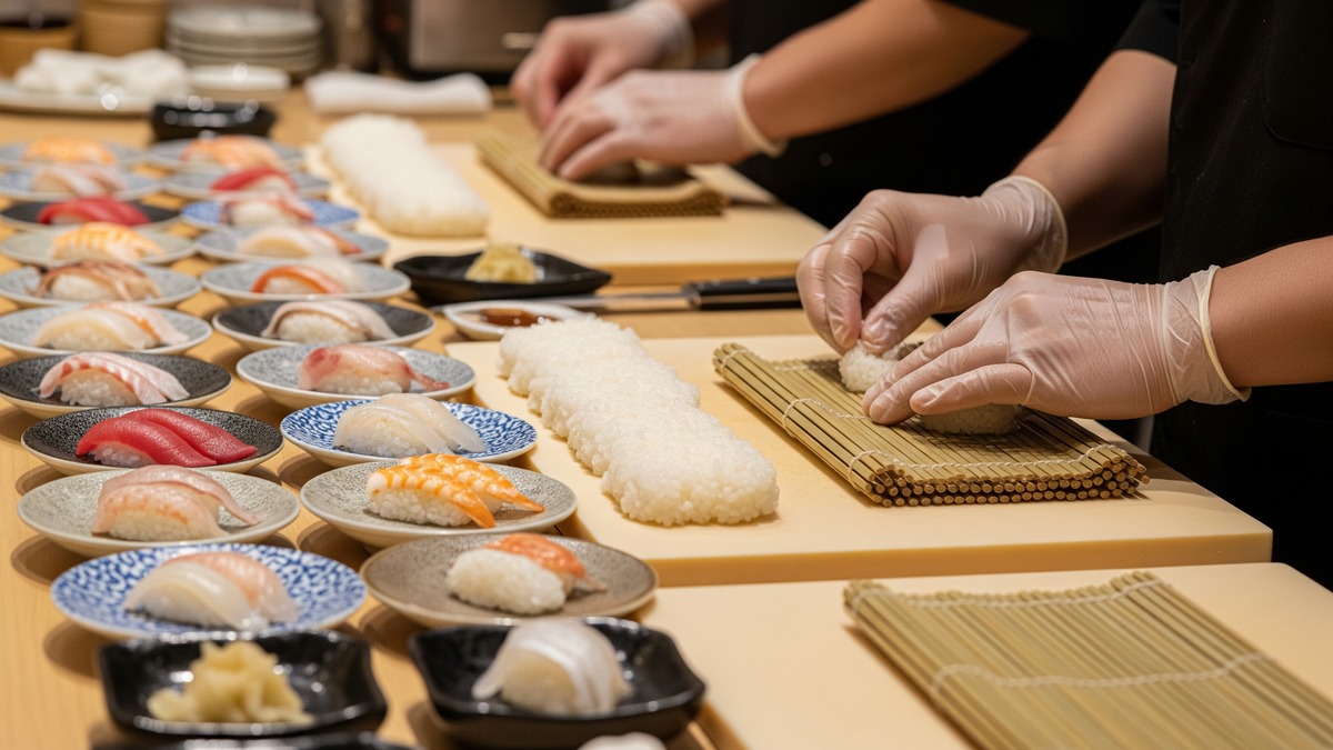 Sushi toppings and rice prepared for a hands-on workshop