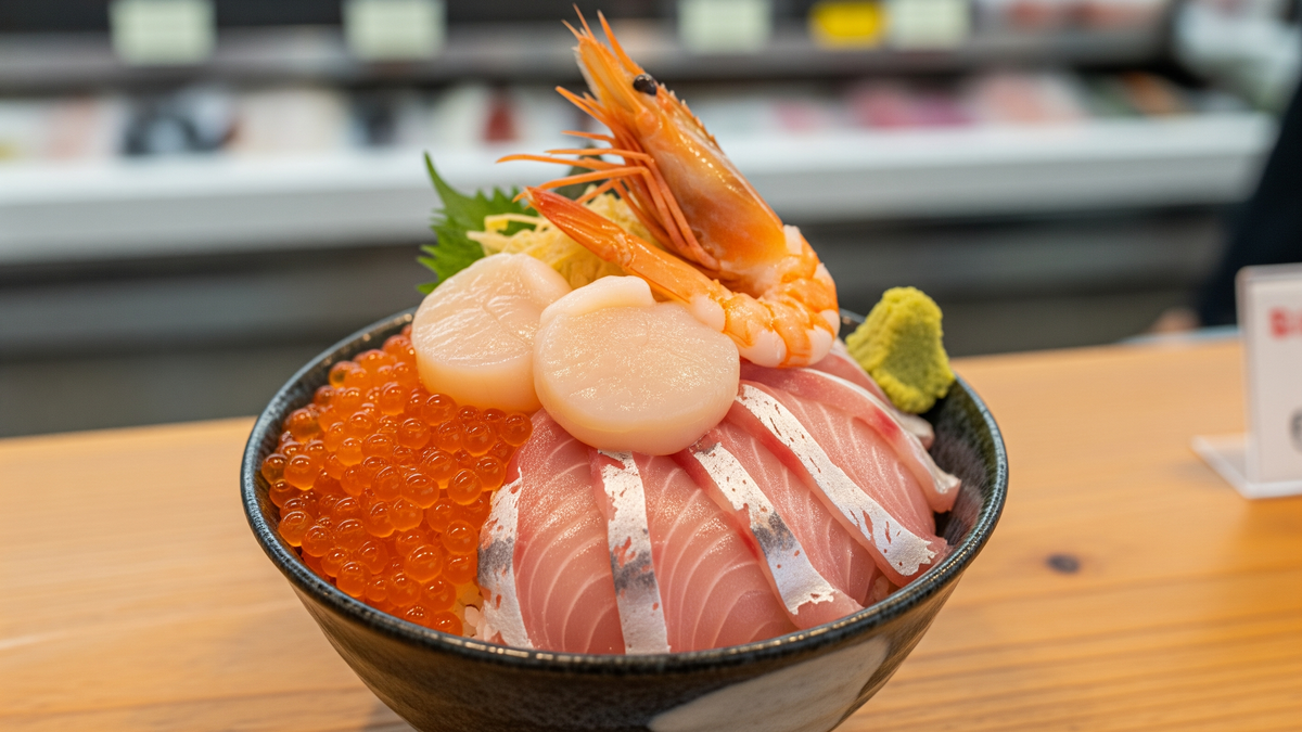 Choosing a seafood bowl lunch in Otaru