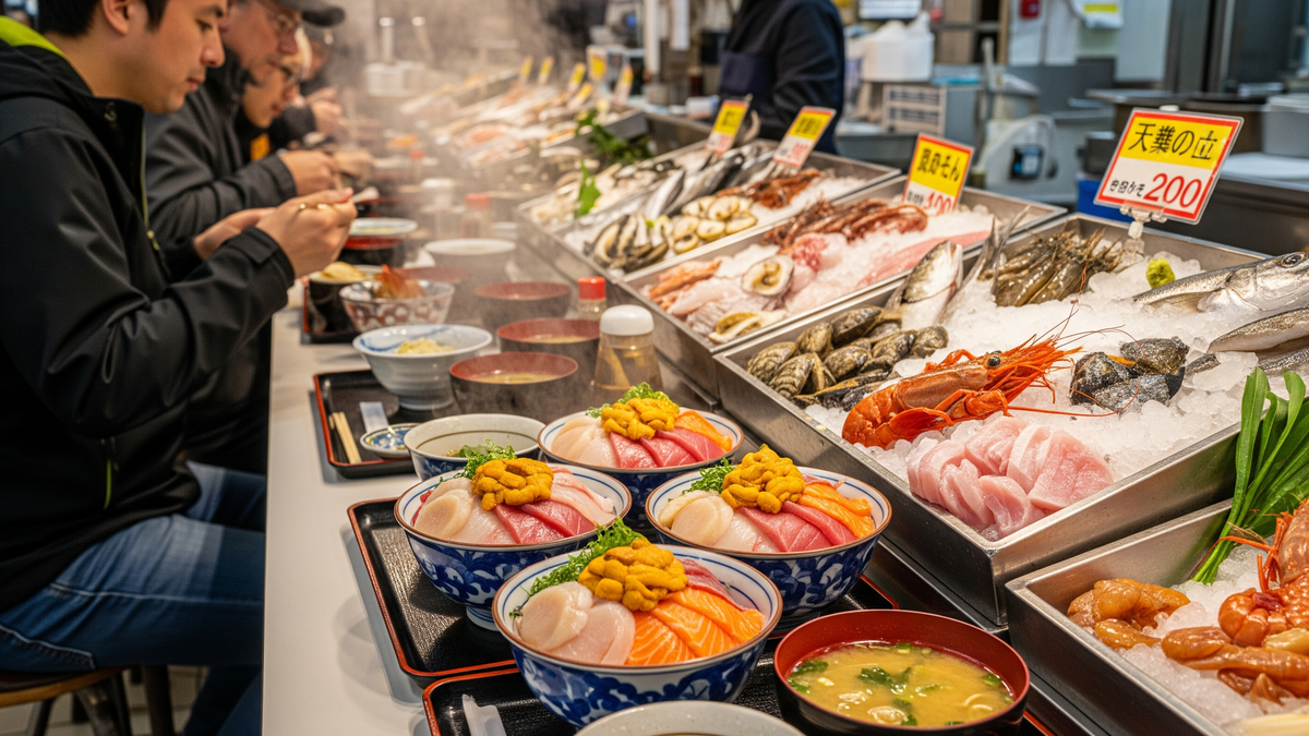 Seafood market and sushi street atmosphere in Otaru