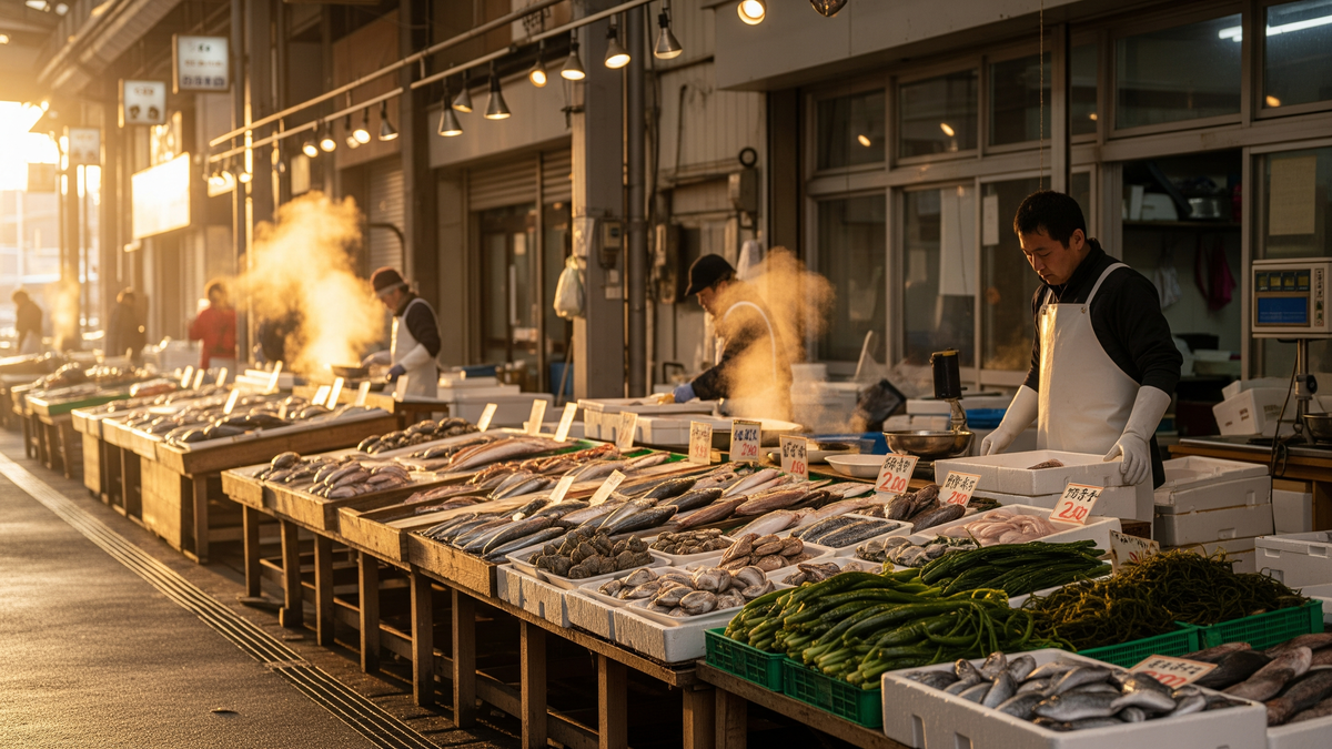 Early morning seafood market atmosphere in Otaru