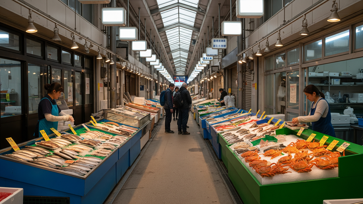 Sankaku Market passage with seafood shops in the morning